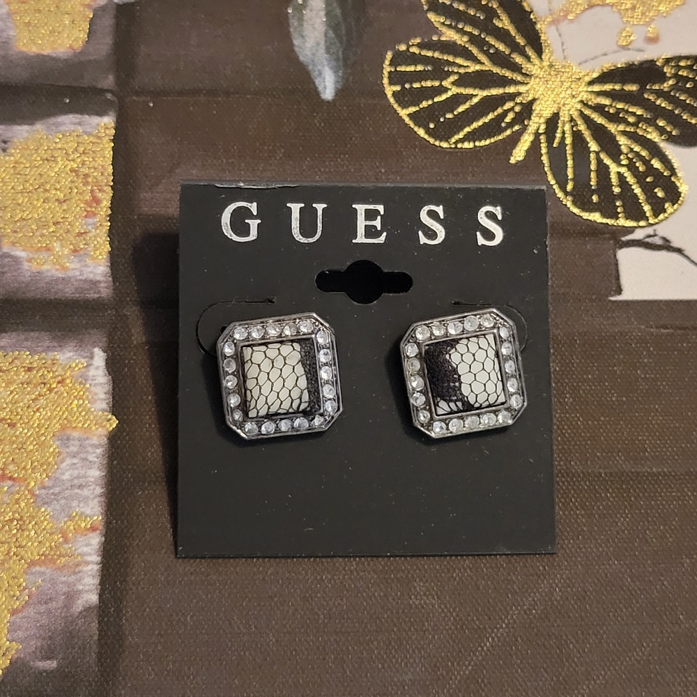 Guess Modern Black & White Earrings with Lace & Crystal Details